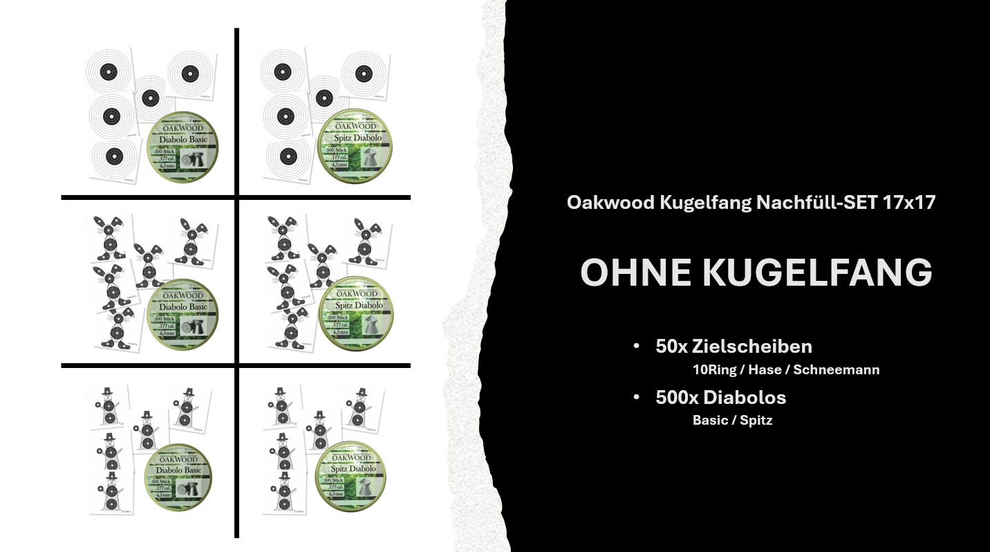 Luftgewehr BIG Set | 500 Diabolos + 50 Zielscheiben 17x17 | opt. mit Kugelfang