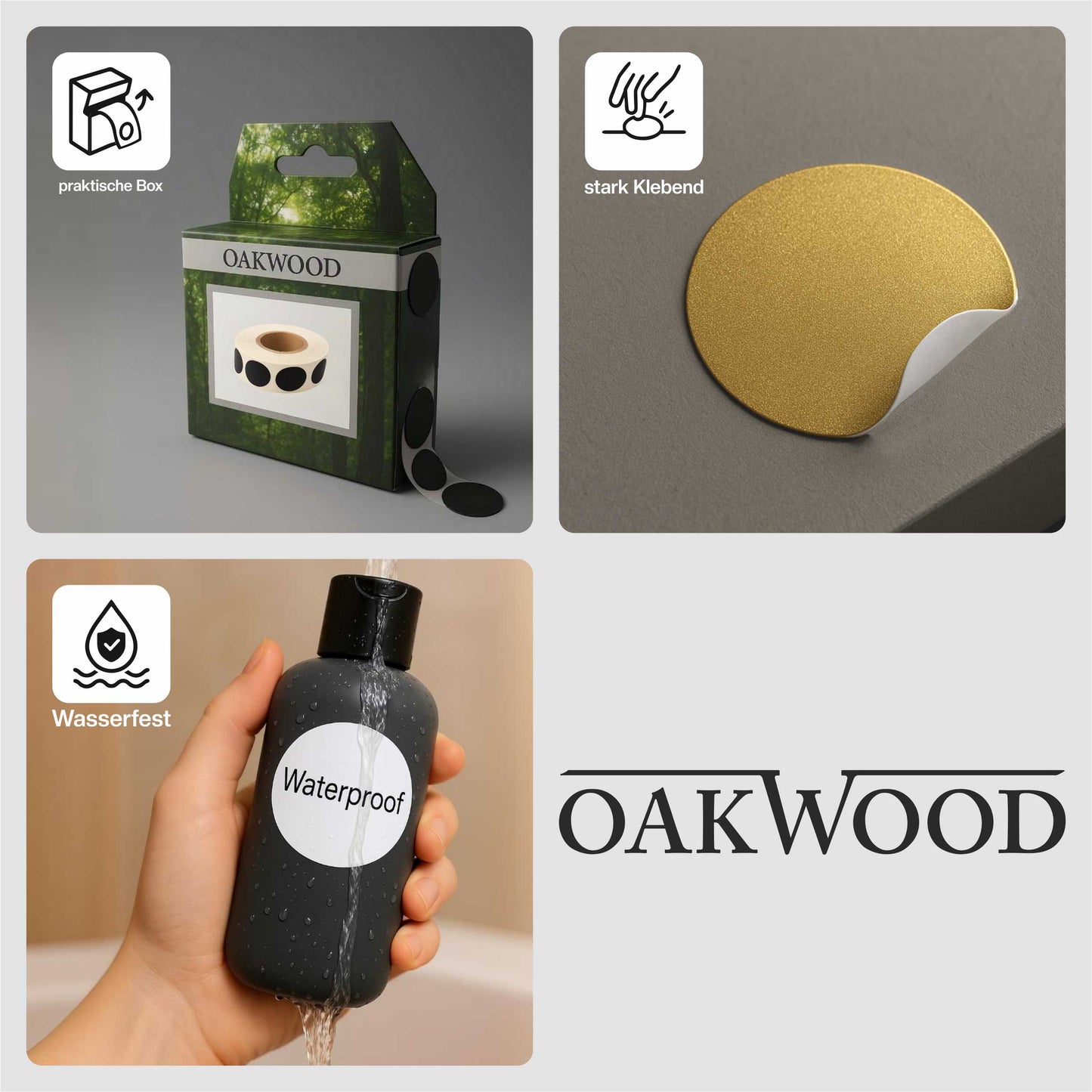 OAKWOOD Schusspflaster & Punktetiketten rund | Ø19mm – 2.000 Stück in Spenderbox | Schwarz, Weiß, Gold, Silber, Neongelb