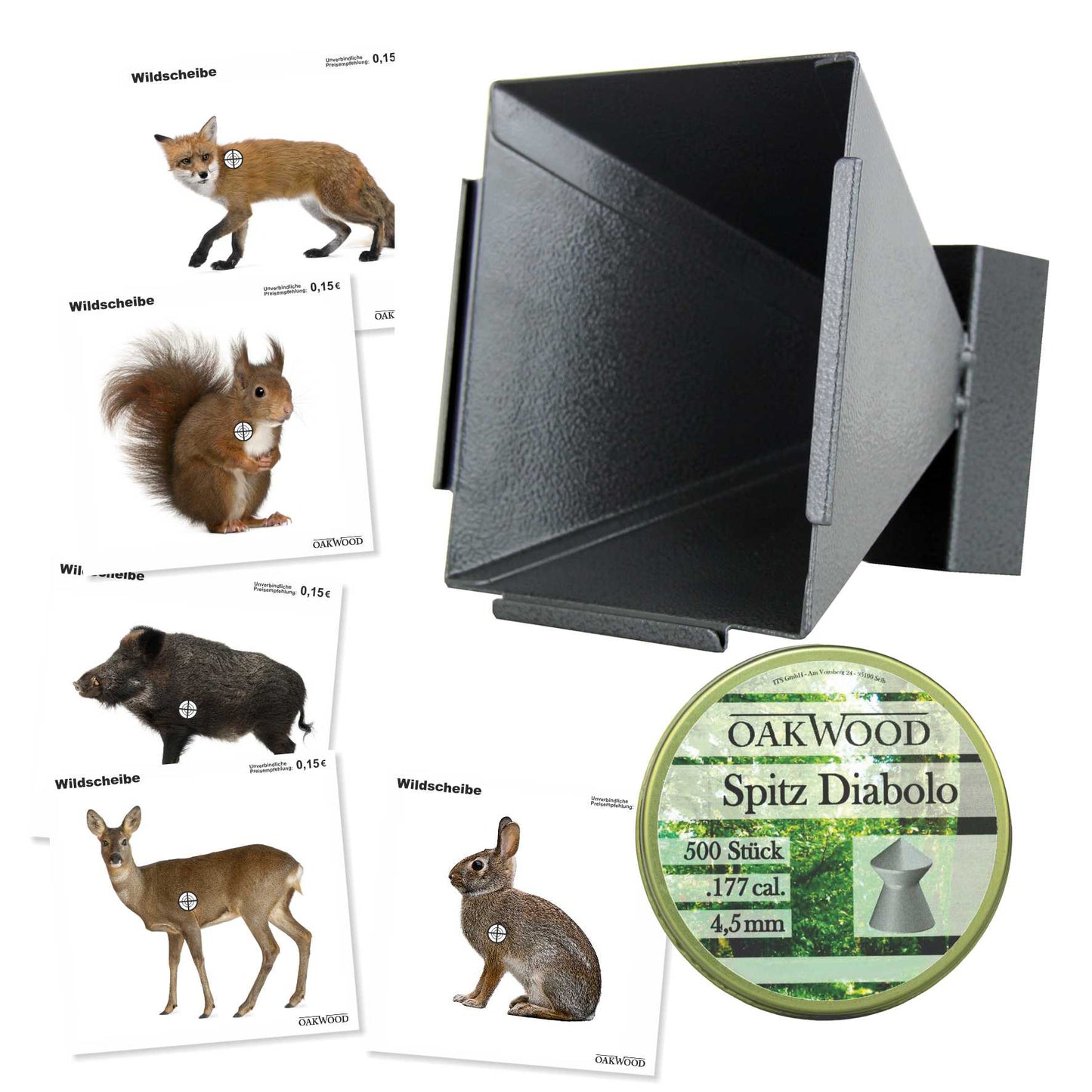 50 Zielscheiben + 500 Diabolos 4,5mm nach Wahl mit Kugelfang Trichter 14x14 SET