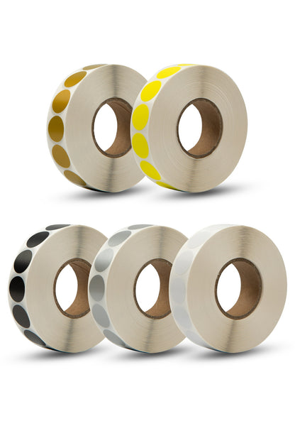 OAKWOOD Schusspflaster & Punktetiketten rund | Ø19mm – 2.000 Stück in Spenderbox | Schwarz, Weiß, Gold, Silber, Neongelb