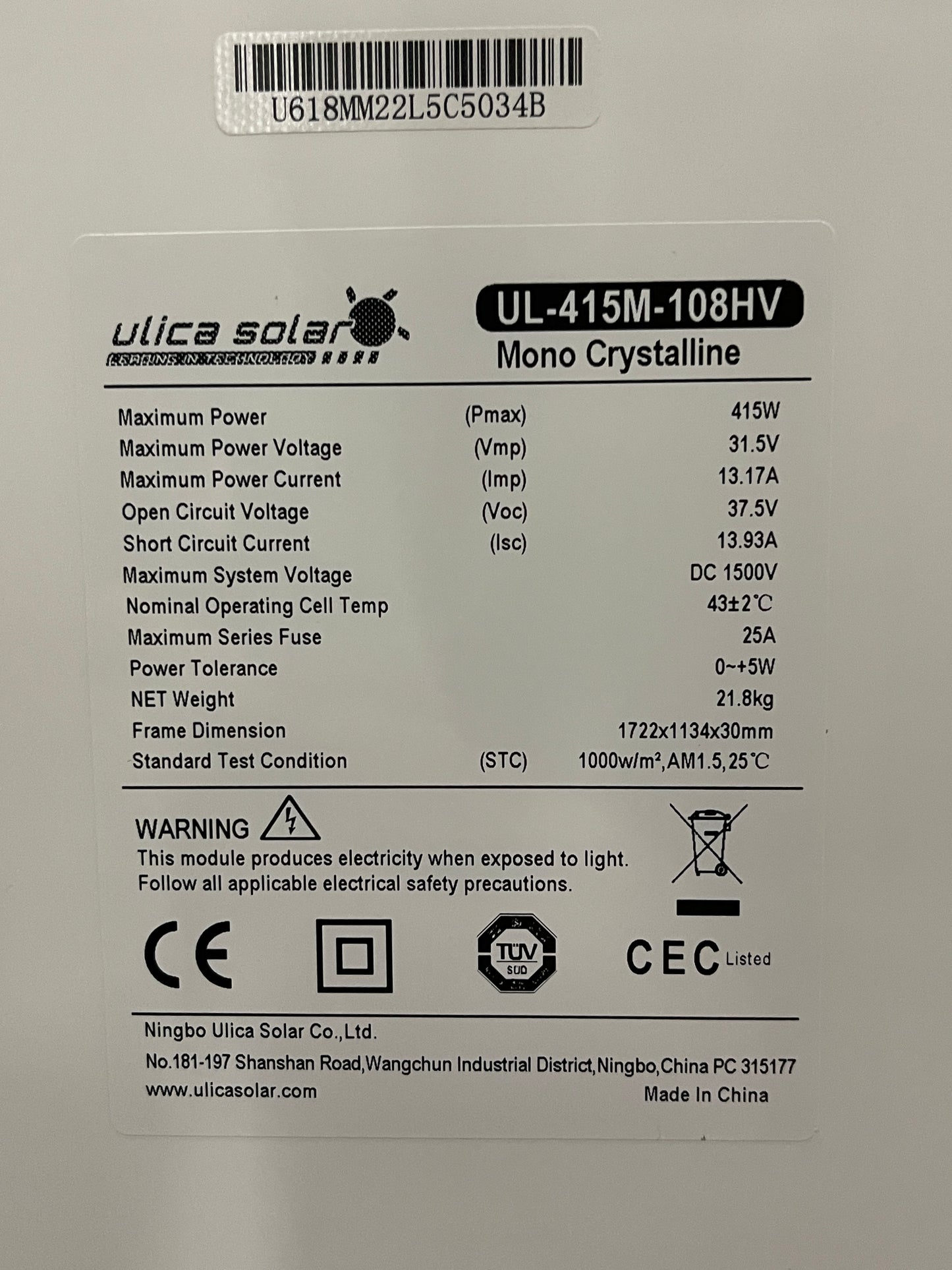 Solarpanel Ulica Solar 415W für Solaranlage Monokristallin