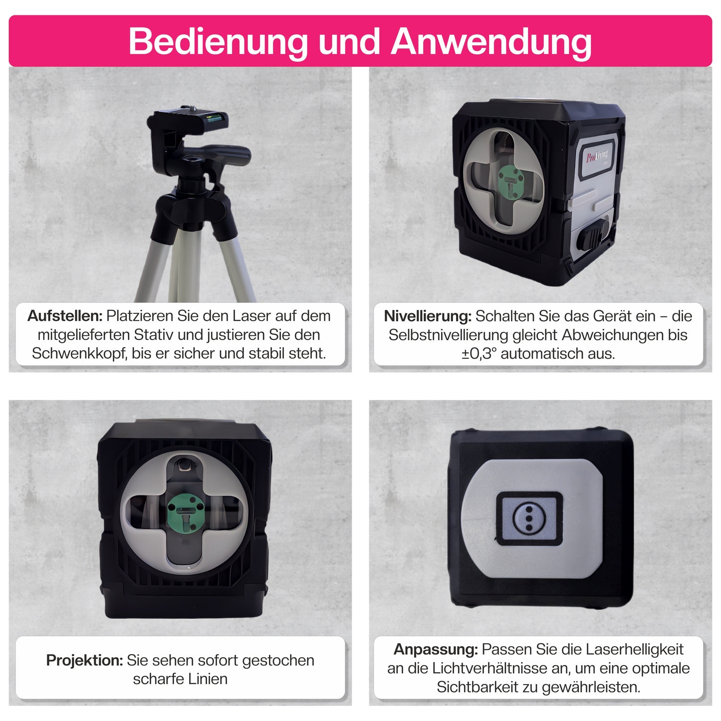 ProLiving Kreuzlinienlaser mit Stativ | Grün | Selbstnivellierend | 30 m