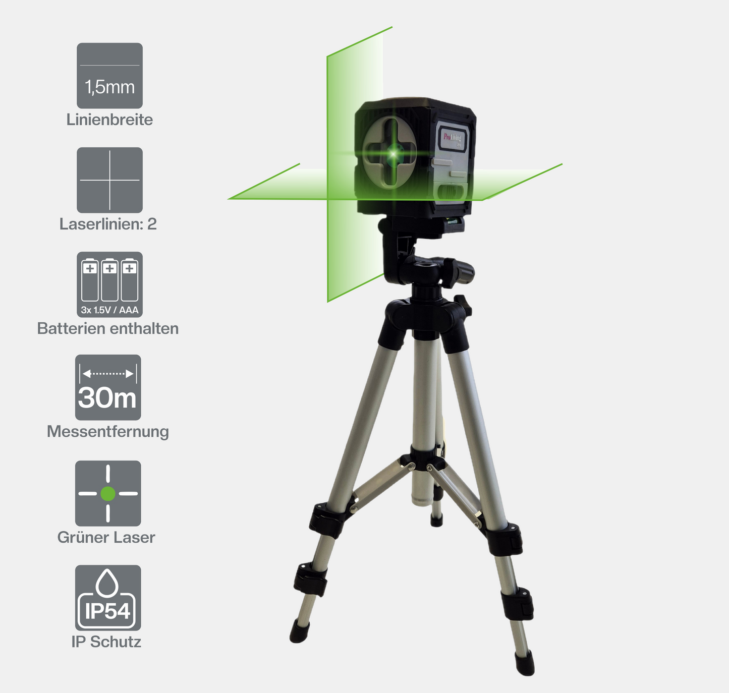 ProLiving Kreuzlinienlaser mit Stativ | Grün | Selbstnivellierend | 30 m