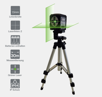 ProLiving Kreuzlinienlaser mit Stativ | Grün | Selbstnivellierend | 30 m
