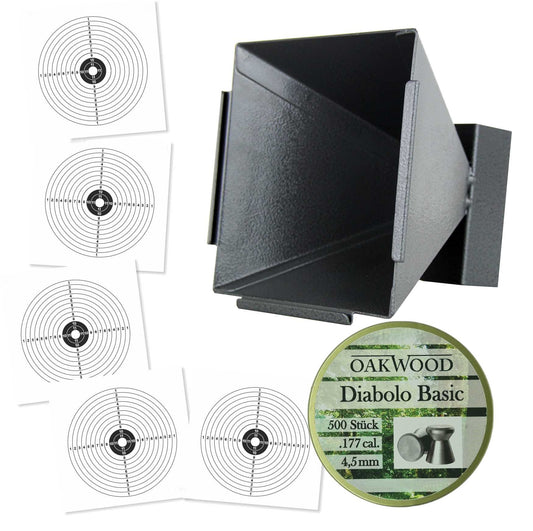 50 Zielscheiben + 500 Diabolos 4,5mm nach Wahl mit Kugelfang Trichter 14x14 SET