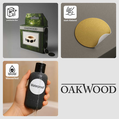 OAKWOOD Schusspflaster & Punktetiketten rund | Ø19mm – 2.000 Stück in Spenderbox | Schwarz, Weiß, Gold, Silber, Neongelb