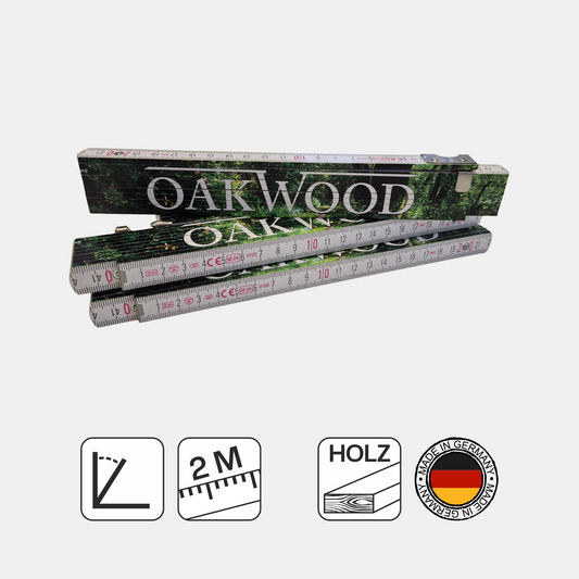 Qualitäts Zollstock mit patentiertem Anschlaghaken & Winkelfunktion - 2m aus Buchenholz - OAKWOOD höchste Genauigkeit - Made in Germany